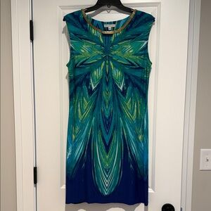 Sandra Darren Teal and Blue Patterned Midi Dress